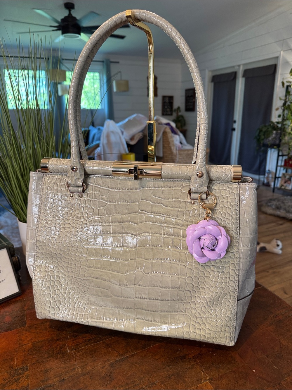 kate spade Light Gray Croc-Embossed Satchel with Lavender Flower Charm
